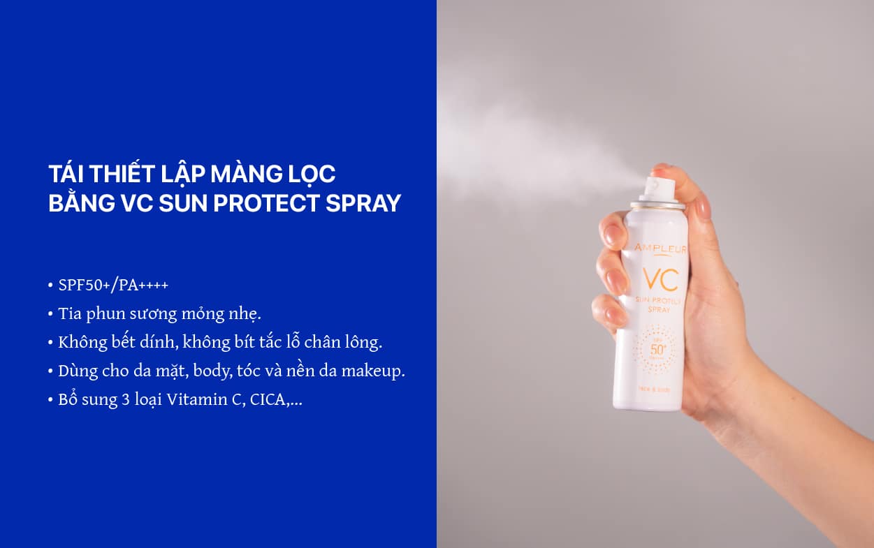 3 bước hướng dẫn cách bôi lại kem chống nắng không hỏng lớp trang điểm 2 Tái thiết lập màng lọc bằng Xịt chống nắng VC Sun Protect SprayCách bôi lại kem chống nắng không hỏng lớp trang điểm